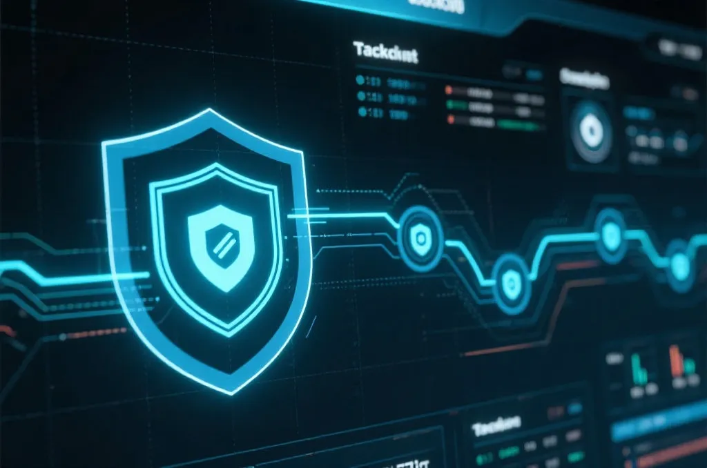 A secure digital dashboard displaying transaction flow with shield icons